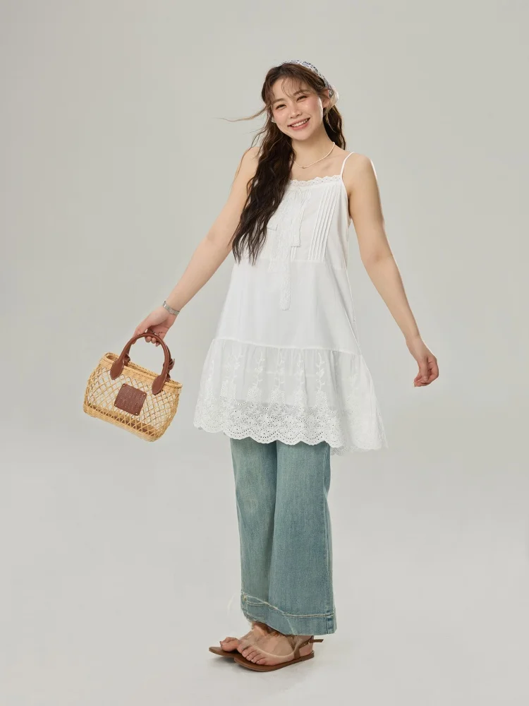

plus Size Women's White Lace Sleeveless Dress Summer Slimming Meat Concealing A-Line High Waist Commute Style Korean Version