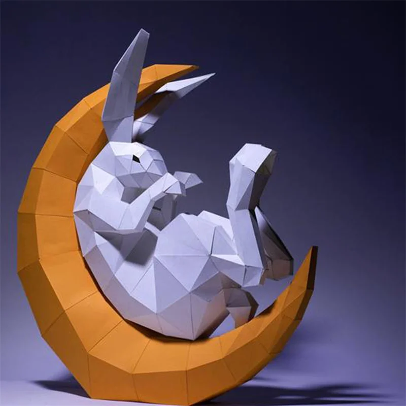 50cm Rabbit With Moon 3D Paper Model Home Room Ornaments DIY Handmade Papercraft Low Poly Origami Hallway Decoration Puzzles Toy