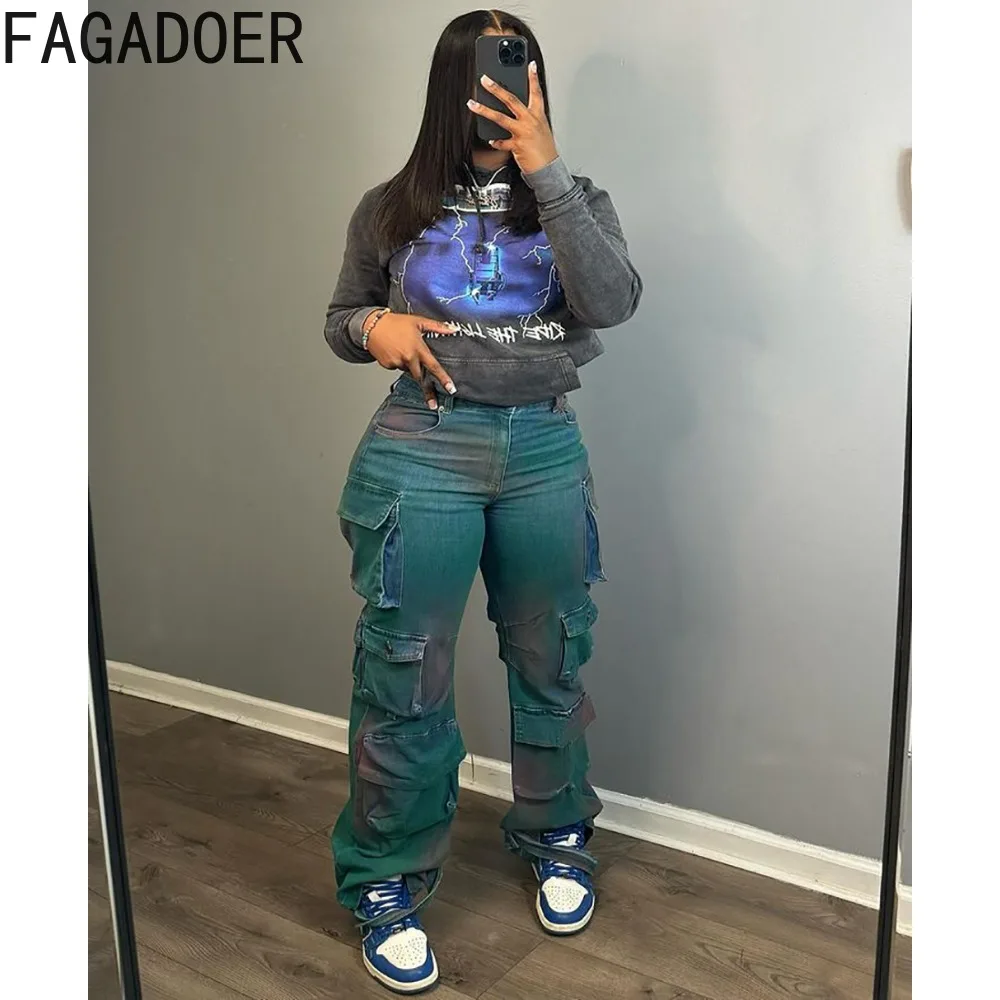 FAGADOER Fashion Tie Dye Print Pocket Denim Cargo Pants Women High Waisted Button Straight Trousers Casual Female Cowboy Bottoms