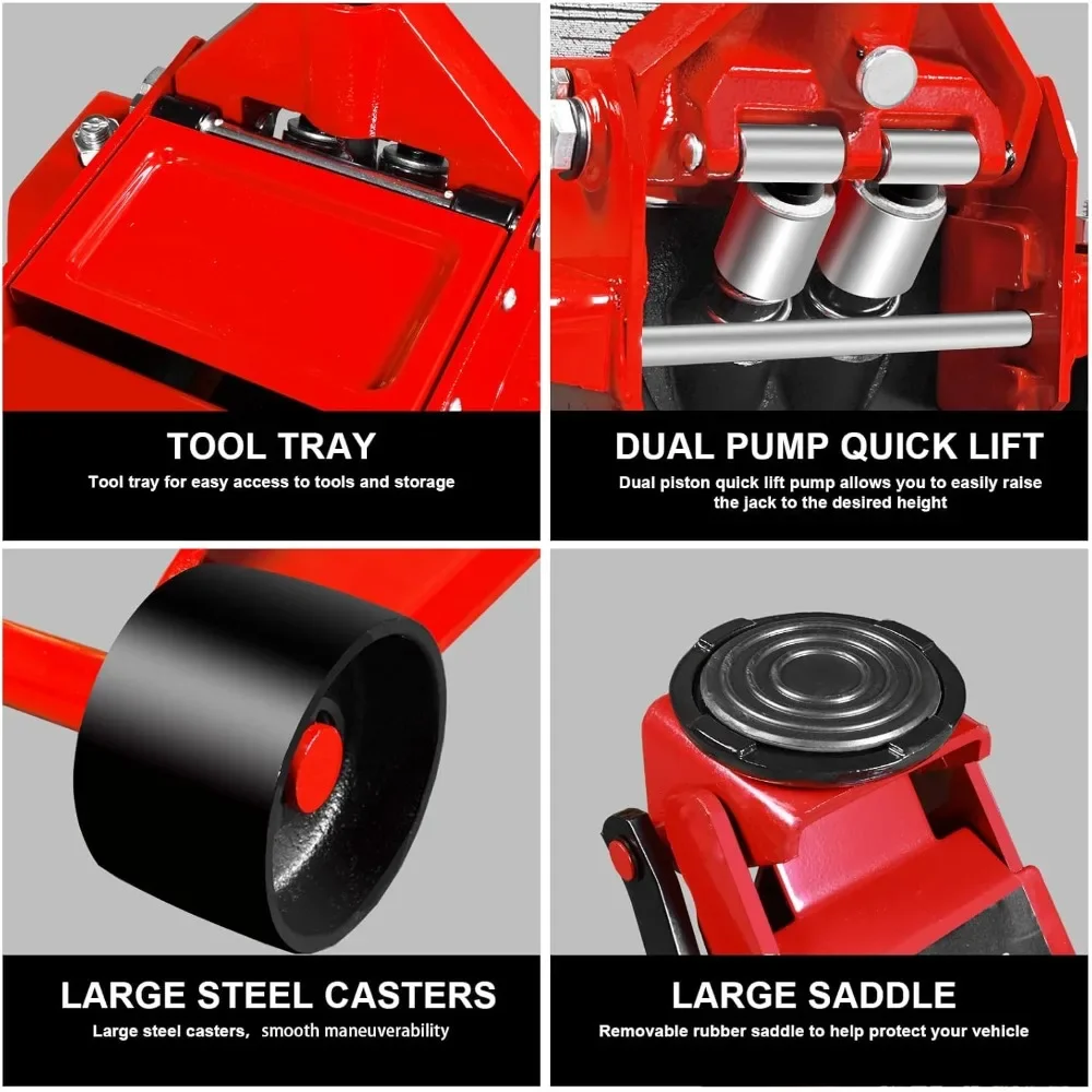 رافعة أرضية منخفضة المستوى 4 طن - سعة 8,800 رطل، مضخة رفع سريعة بمكبس مزدوج، هيدروليكية - مثالية لرفع السيارات والشاحنات، أحمر