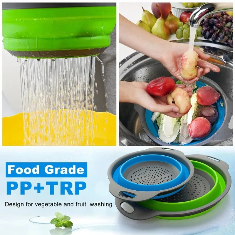 Folding Draining Basket, Circular Water Filter Blue, Telescopic Folding Fruit Blue, Large and Small 2-piece Set Kitchen Tools