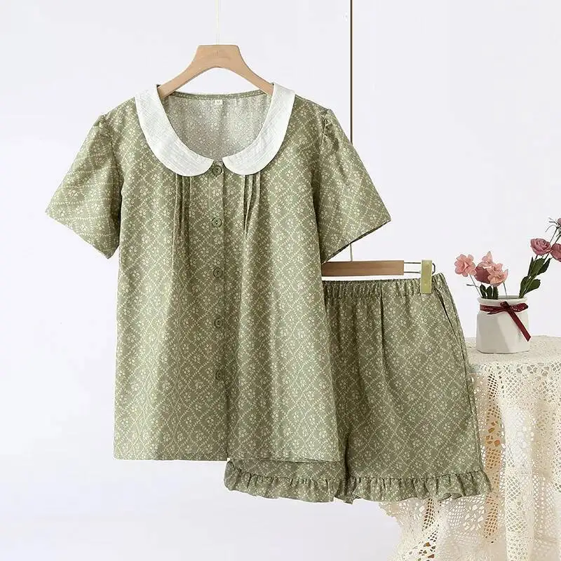 المرأة الصيف طبقة مزدوجة القطن جولة الرقبة سترة قصيرة الأكمام السراويل المطبوعة ملابس المنزل بيجامة البدلة