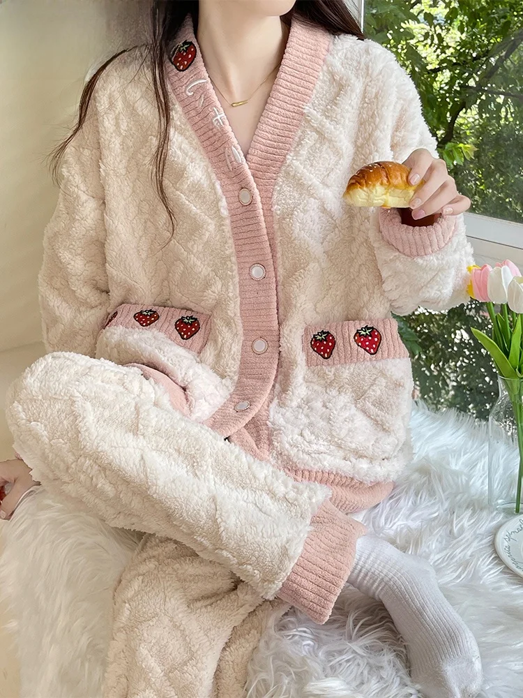 

Thi Coral Fce Spwear, женская осенне-зимняя теплая милая домашняя одежда, комплект из двух предметов, можно носить на улице, длинный V-Ne...