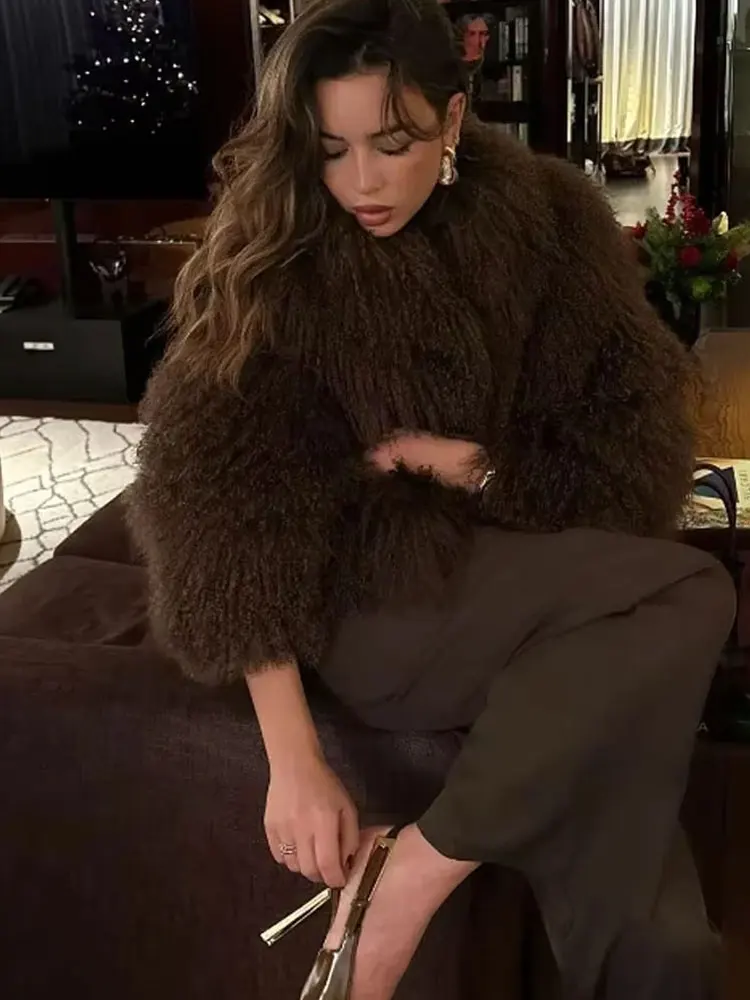 TRAFZA Zimowe Kobiece Modne Eleganckie Futrzane Płaszcze Casualowe Solidne Długie Rękawy Kołnierz 3-kolorowe Jesienne Ciepłe Szykowne Kurtki