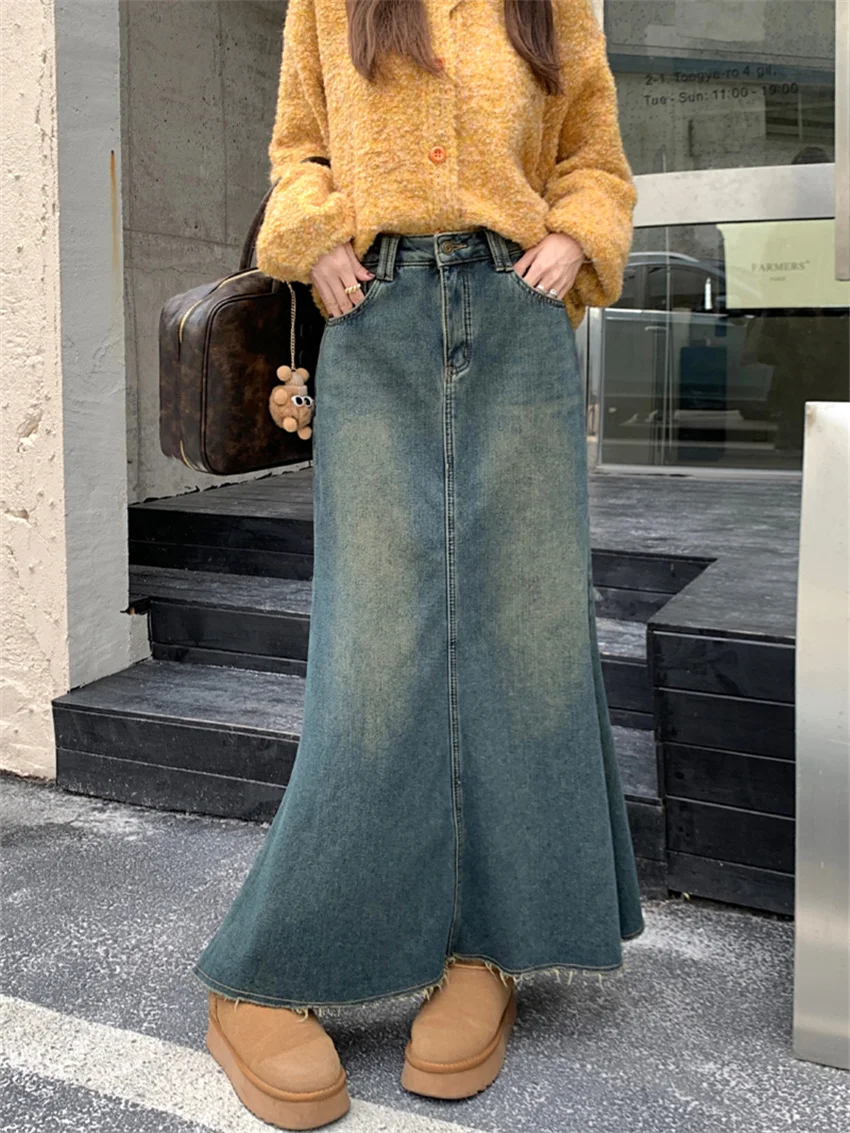 Alien Kitty Winter Mermaid Long Skirts Women Plush Chic Loose 2023 Straight Jeanswear Denim New Slim Daily High Waist Vintage