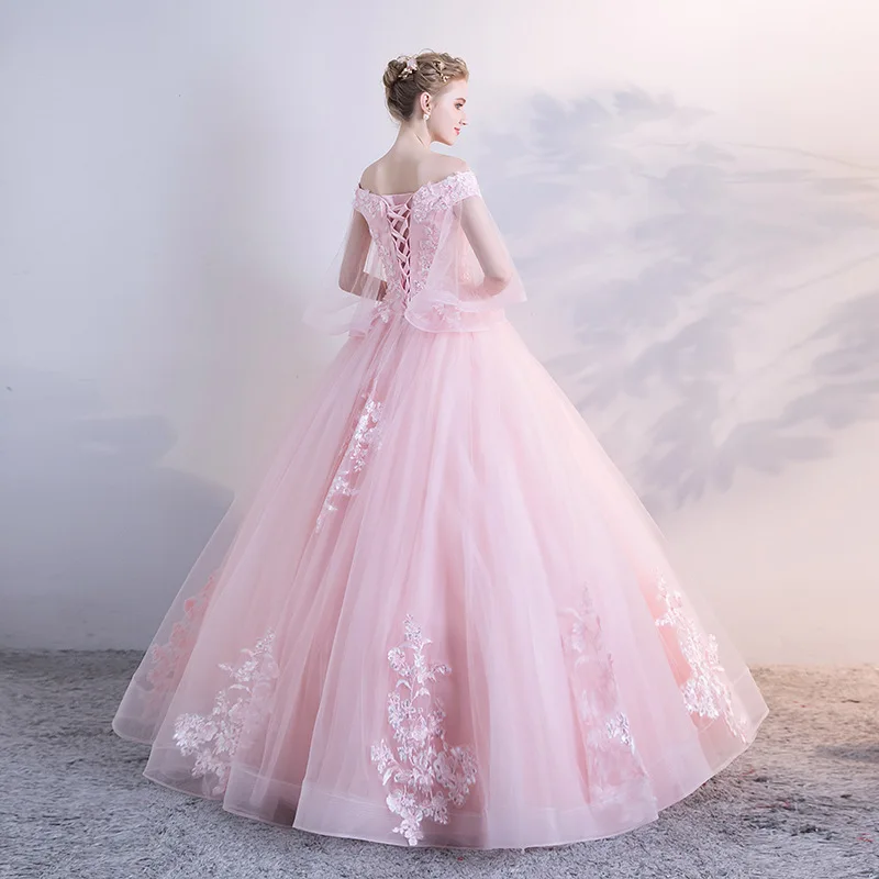 Vestido De quinceañera rosa con hombros descubiertos, Media manga, Apliques De encaje, Princesa, baile, 15, 2024