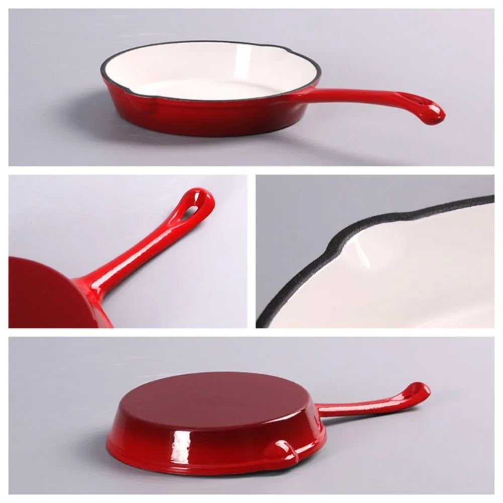 Multipurpose Non-stick Enameled Cast Iron Dutch Oven Universal Flat Bottomed Frying Pan Round Red Omelette Pan Kitchen Cookware