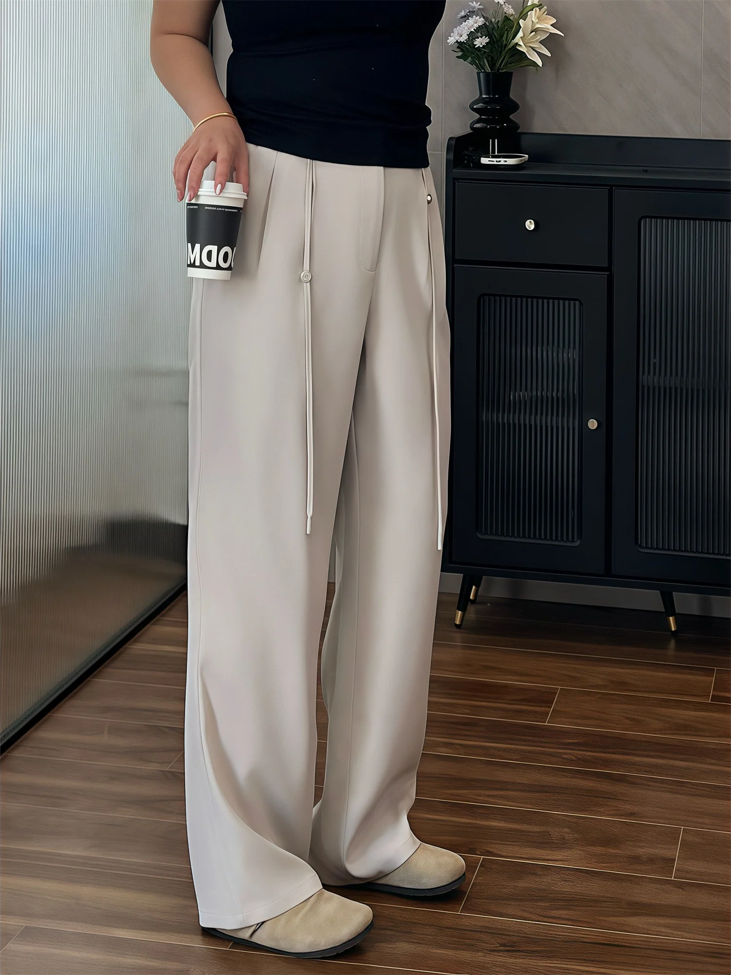 

plus Size Women's Drawstring Elastic Waist Straight Leg Floor-Length Pants Casual Spring 2025 Slimming Versatile Long Trousers