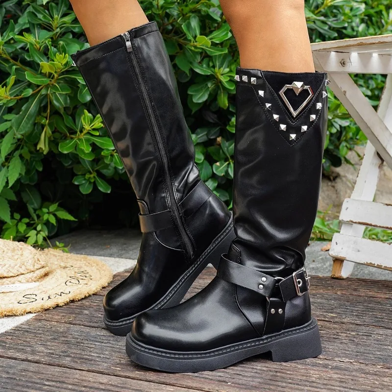 

2025 High Quality Autumn/Winter 42 Large Women's Side Zipper Fashion Boots Round Head Square Heel Riveted PU Middle Top Boots