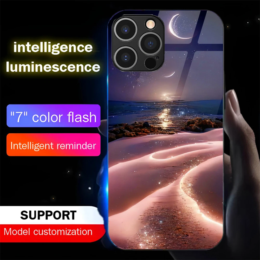 

Dreamy Moonlight River LED Light Glow Luminous Tempered Glass Back Phone Case For Samsung S25 S24 S23 S22 S21 FE Plus Ultra