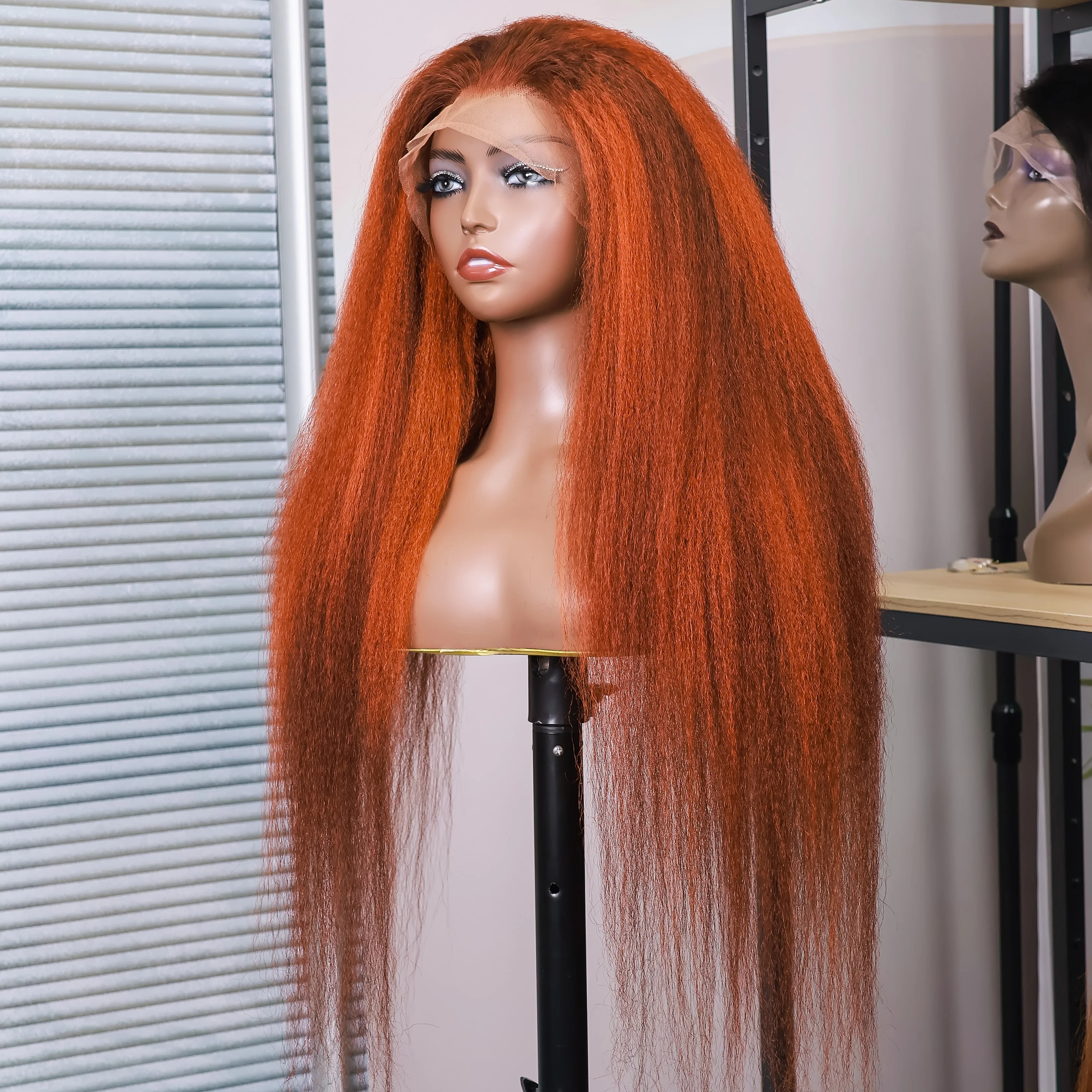 Kinky Straight 4/350 Highlight 13x6 HD Lace Frontal Human Hair Wigs Ginger Brown Piano Colored Yaki Straight Human Hair Wig 200% - view 5