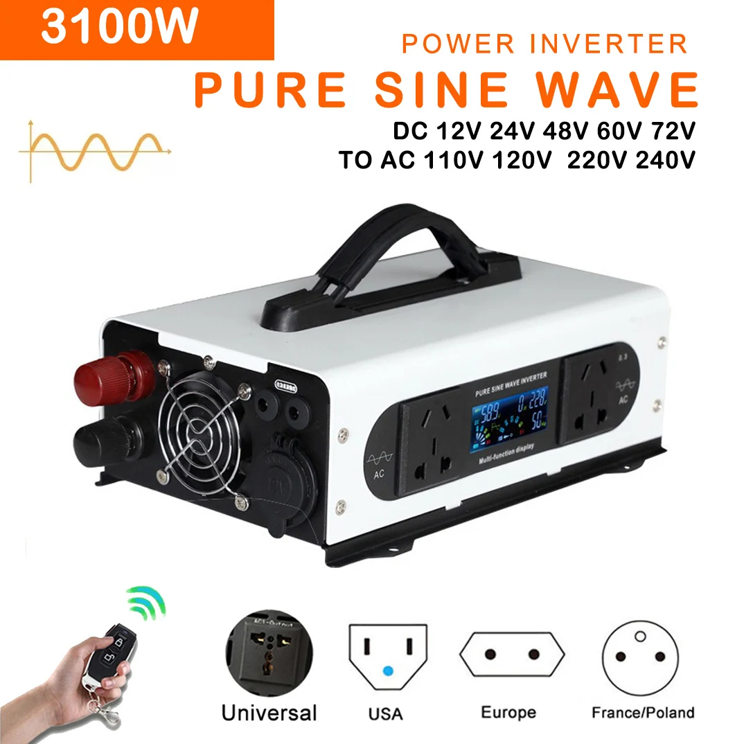 

3100W Pure Sine Wave Inverter Power 12V 24V 48V 60V 72V To AC 110V 220V Converter Solar Car Inverters Off Grid Transformer