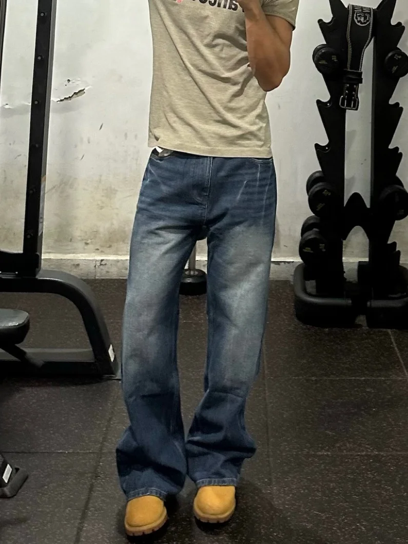 

Retro American High Street Vibe Blue Jeans Men Slim Fit with Lightning Pattern Distred Straight Leggings Casual Jeans