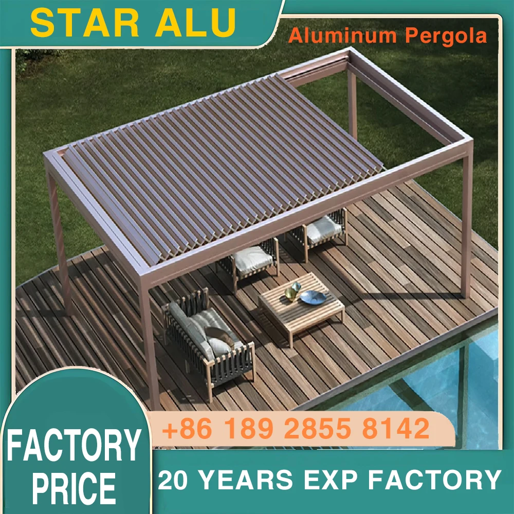 Motorized Waterproof Outdoor Pergola Garden Pergola Aluminium OutdoorDimmable Lighting Modern Bioclimatic Sunshade Pergola