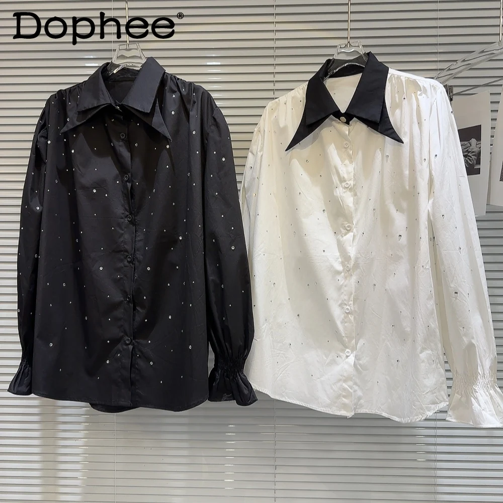 Office Lady White Blouse Tops 2024 Spring New Double-Layer Collar Starry Hot Drilling Long Sleeve Loose Black Shirt for Women