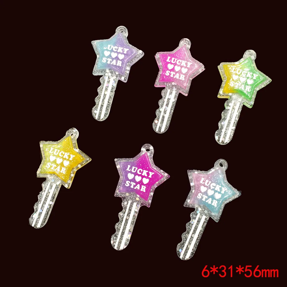 10Pcs Cute Glitter Rainbow Key With Hole Flat back Resin Cabochon for DIY Handmade Necklace Keychain Jewelry Making Accessories