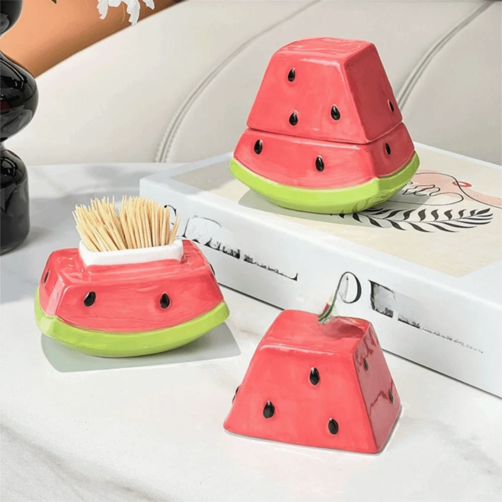 

Creative Watermelon Toothpick Box Multi-functional Decorative Ceramic Toothpick Jar Cute Dental Floss Box Restaurant Table