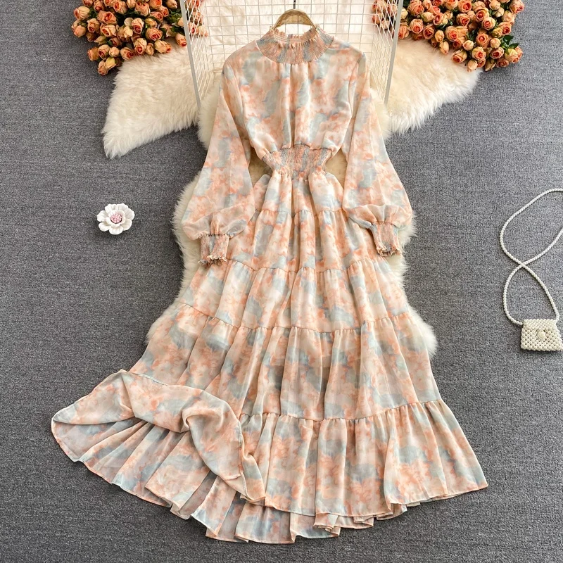 Vestido Longo E com Estampa Floral e Gola Alta em Camadas com Estilo Coreano e Manga Longa