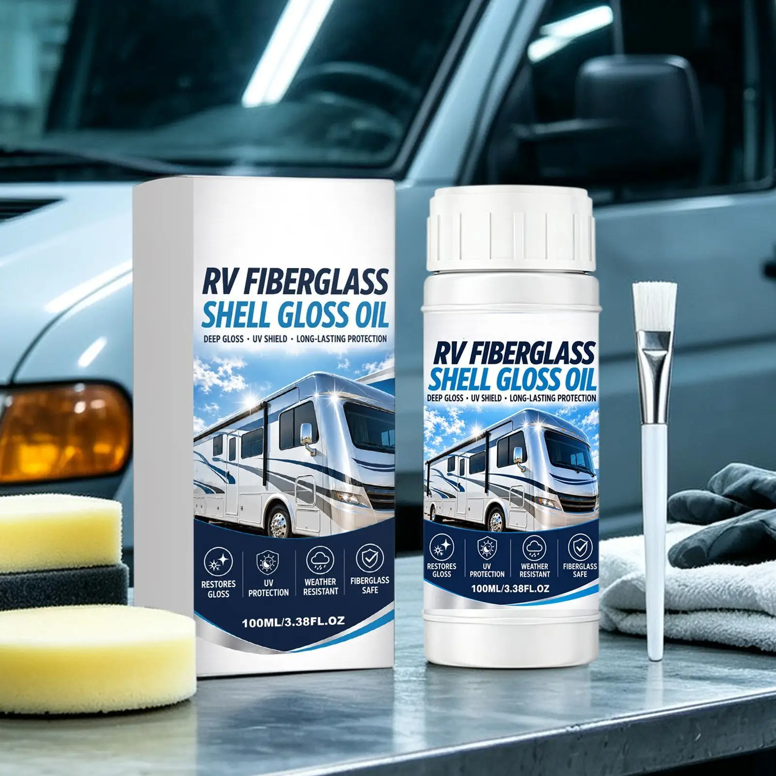 100ml Boat Fiberglass Oxidation Remover, UV Gloss Restorer & Shine Protectant for RV Marine Car, Sun Rain Shield polishing
