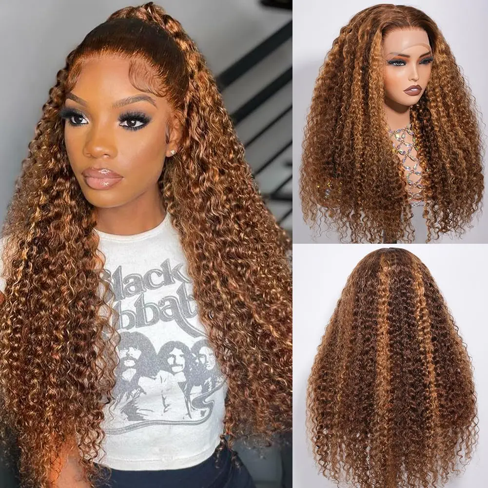 13x4 HD Lace Front Perücken für schwarze Frauen, Echthaar und gewellte Ombre-Honey-Blonde-Highlight-Farbe 4/27, 30 Zoll Highlight Ombre Lace Front Perücke Echthaar, 13x6 HD Honey Blonde 4/27 Deep Wave