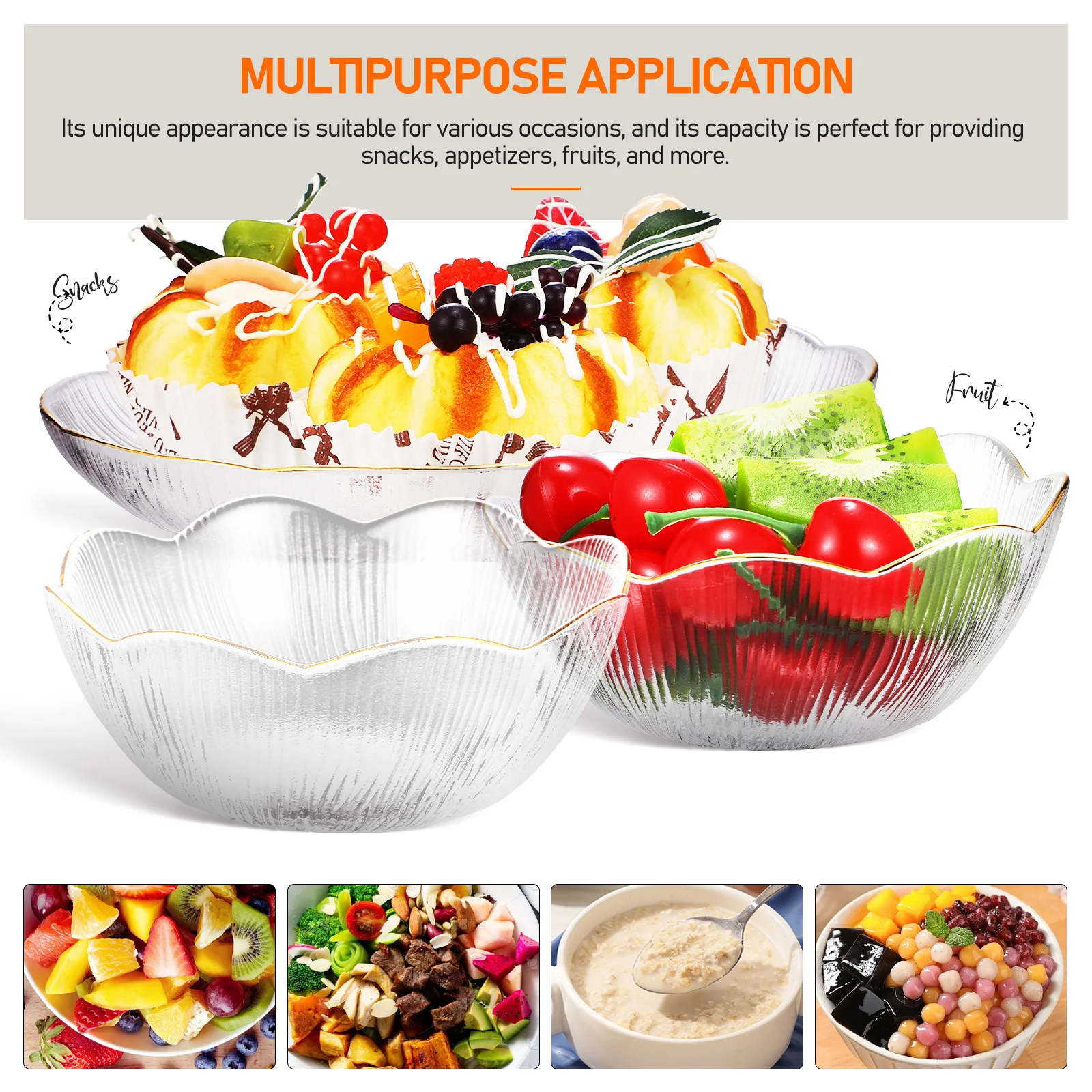 

Gold Rim Glass Bowl and Plate Set Wavy Trim Transparent for Dessert Fruit Salad Vegetable Storage Home Kitchen Dining