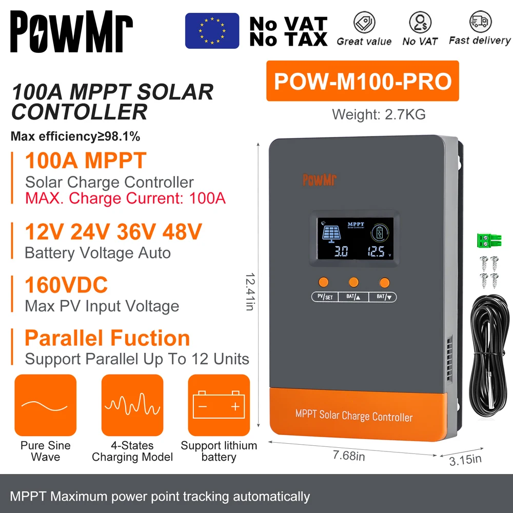 PowMr MPPT 100A 80A 60A 40A 30A 30A 20A Zonnelader Controller LCD Werk met 12V 24V 36V 48V Loodzuur Lifepo4 Batterij Zonnepaneel