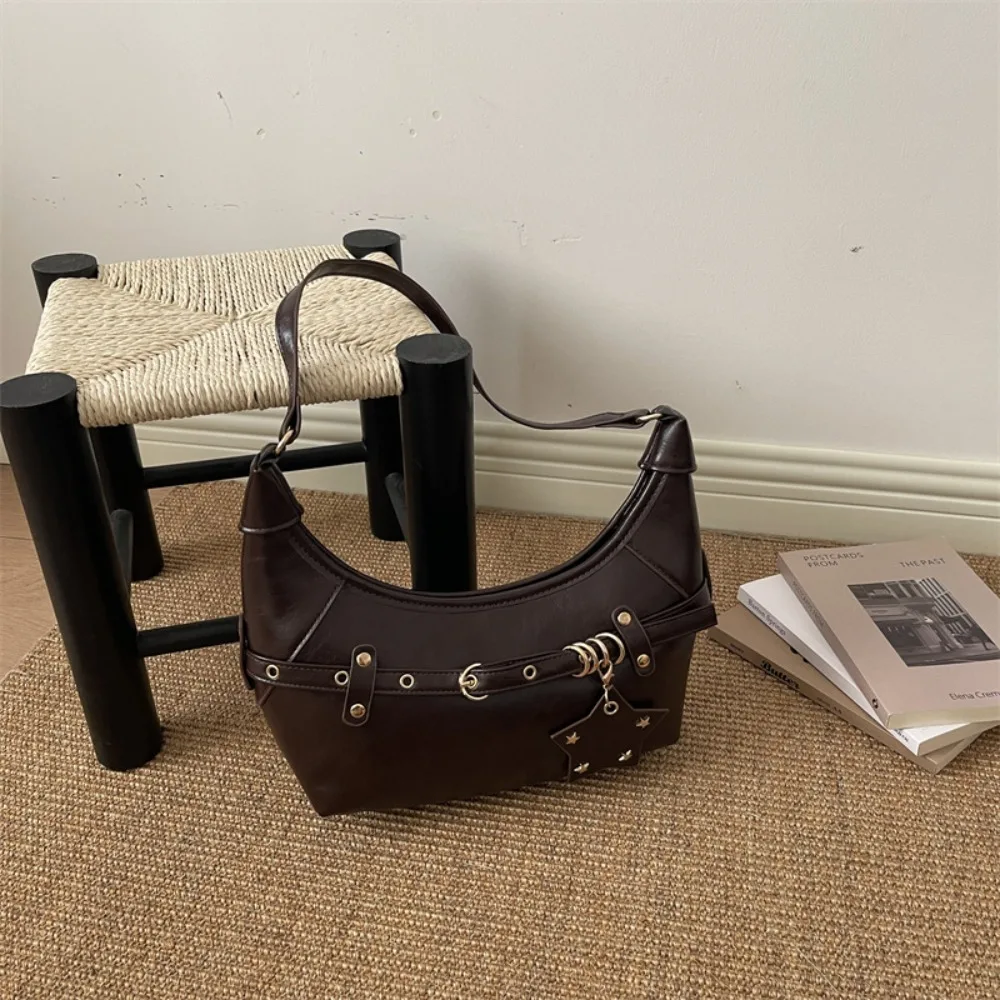 Fashion Vintage Style Underarm Bag Belt Decor Retro Shoulder Bag PU Leather Motorcycle Bag Women