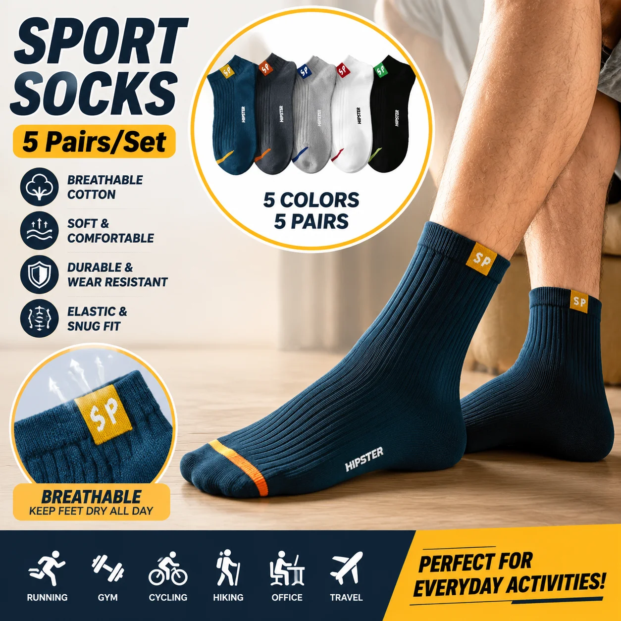 5 Pairs Spring Summer Men Cotton Socks Thin Breathable Solid Striped Sweat Wicking Casual Sports Tube Socks Daily Accessory