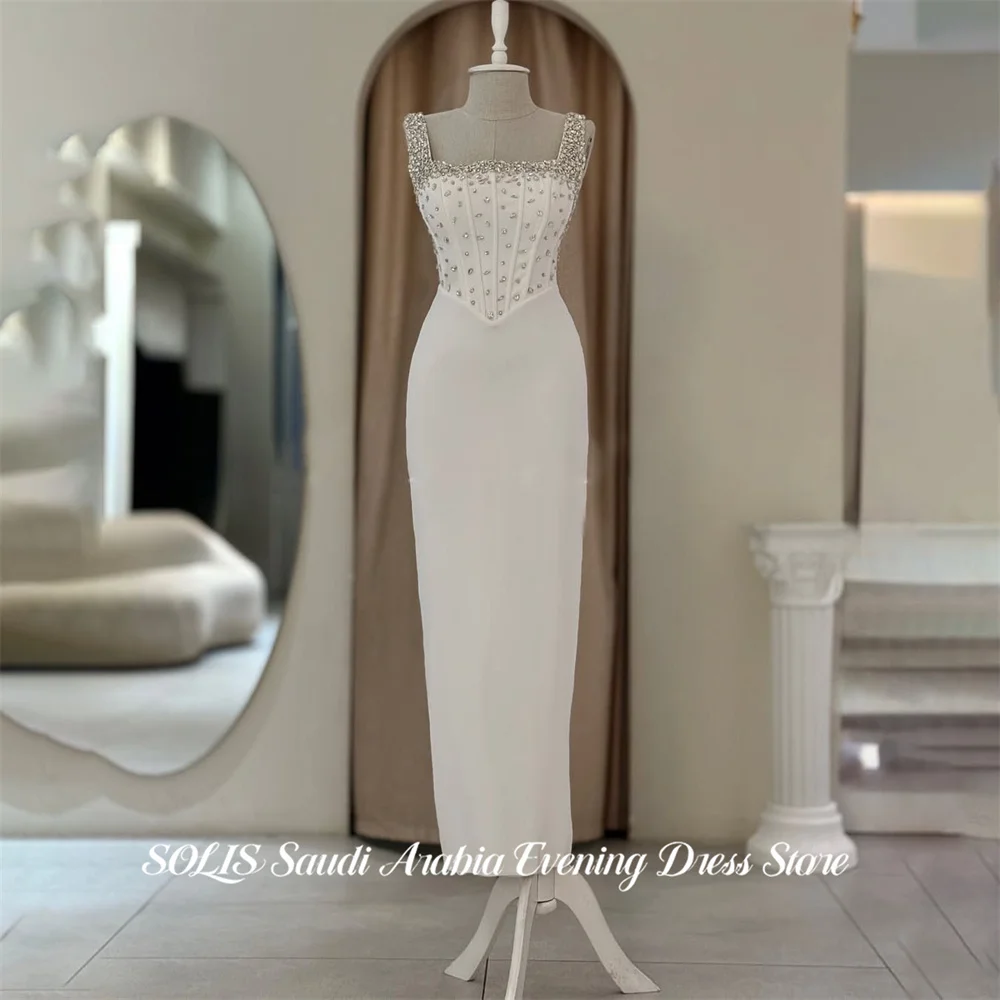

SOLIS White 프롬 드레 Square Neck Prom Gown with the Rhinestones Party Dresses Wrap Hips for Formal Event Minimalist Customized