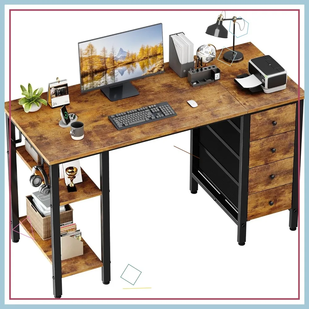 

47-Inch Desk with 4 Drawers & Shelves, Modern Work Study Computer Table for Home Office Bedroom, Rustic Brown