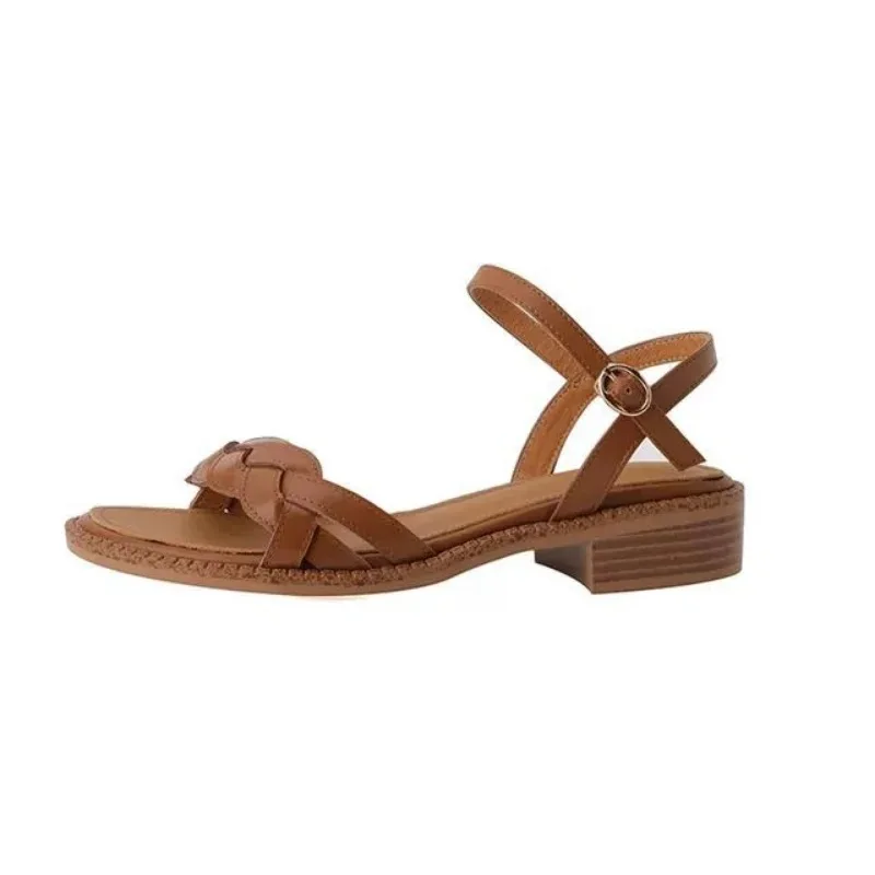 2025 Summer Open Toe Low Heel Braided Line Button Beach Line Sandals Flat Soft Leather Retro Roman  Women image 6