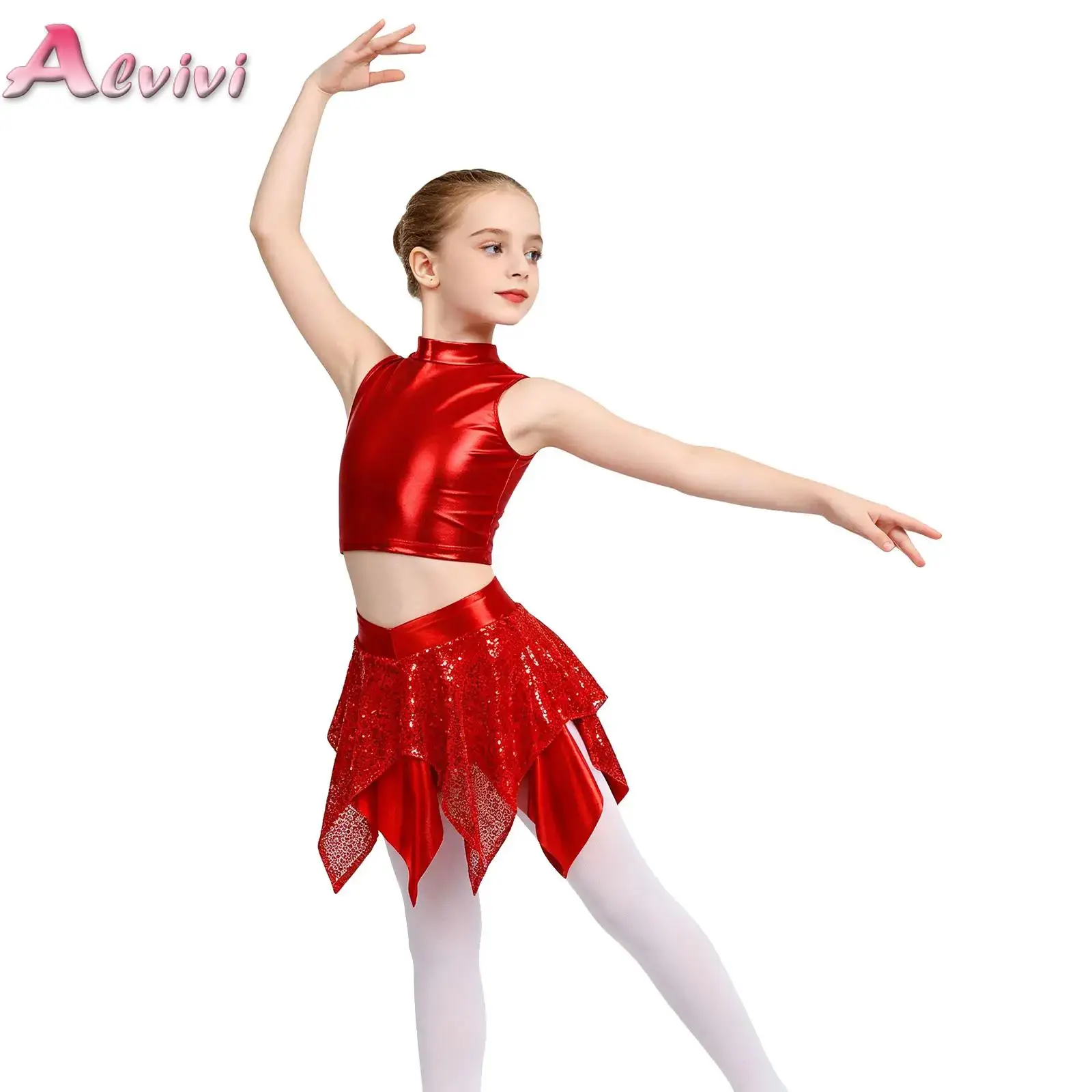 

Kids Girls Jazz Dance Performance Costume Sleeveless Metallic Crop Tops Shiny Sequins Asymmetric Skirt Tango Latin Dance Outfits