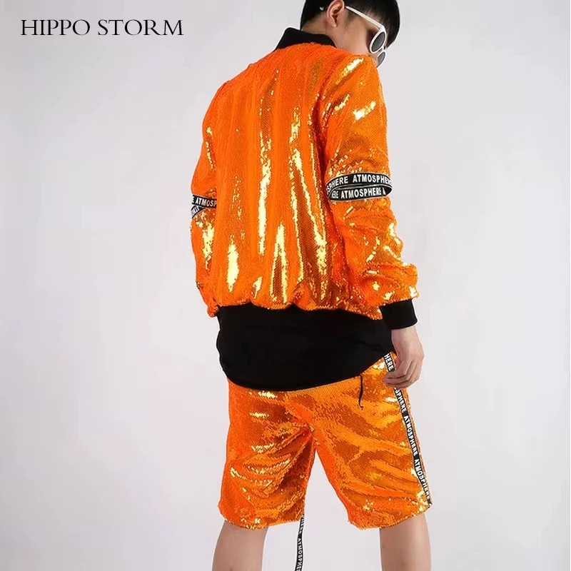 Shiny Orange Sequin Stage Jacket Patchwork Jacket Hip-hop Bar Nightclub Male Singer Leading Dancer Performance Suit