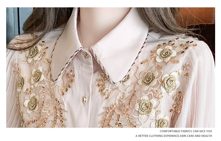 Spring Fall Chiffon Blouse Women Embroidery Sequins Beading Women Shirt Tops Elegant OL Long Sleeve Vintage Blusas Mujer De