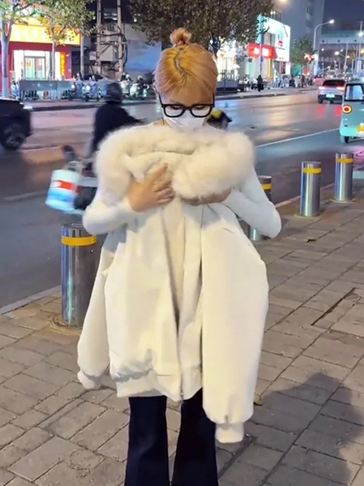 

American Sle ort Thiened Fce Lined Hooded Jaet with Large Fur Collar Men Women Winter Lazy Cotton Coat Warm