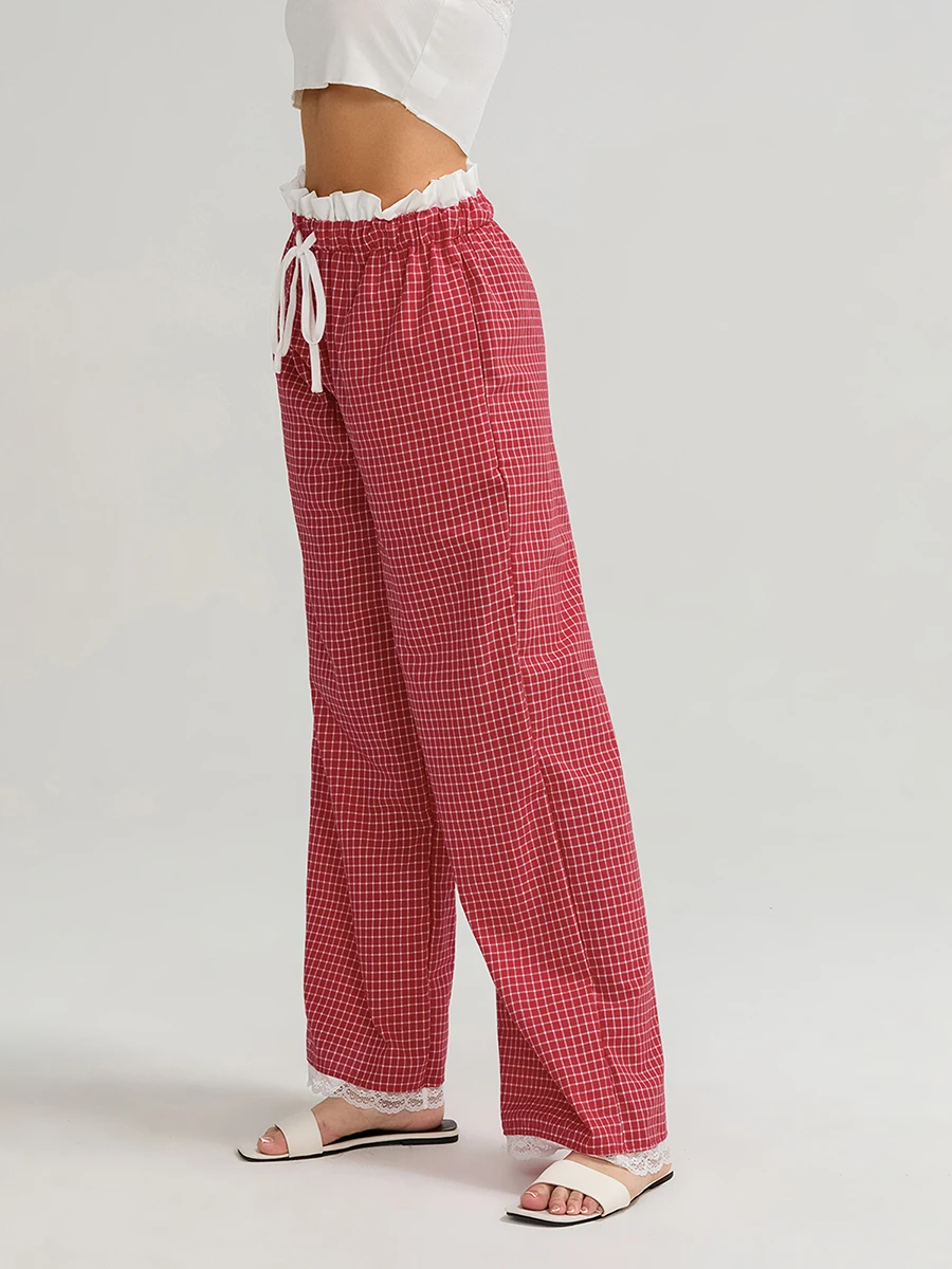 Cathery Women's Casual Wide Leg Pants Drawstring Elastic Waist Plaid Print Boxer Pants Ruffle Trousers