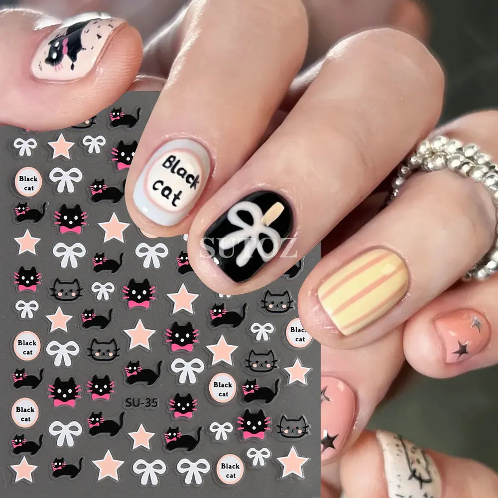 Desenhos animados gato unhas adesivos, decalques Black Star, branco Bow-nó Sliders para unhas, encantos infantis, decoração de manicure, LEBSU-35, 3D