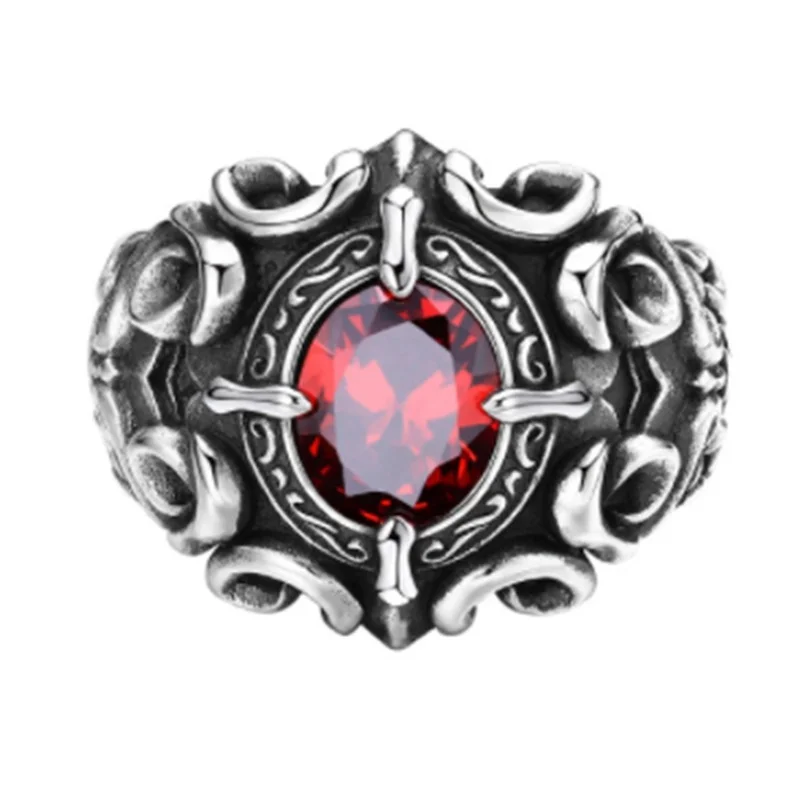 High Grade Carving Flower Ring 925 Silver Male Jewelry Open Size Trendy Crystal Red Oval Ring For Men Accessories Open Size