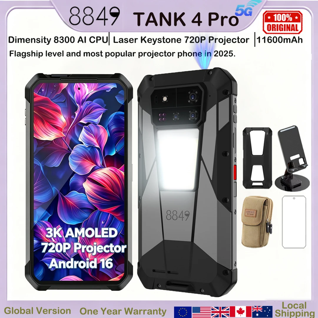 8849 Tank 4 Pro Unihertz 5G Robustes Projektor-Smartphone 1TB 36G Android 16 Sport-Handy 11600mAh Dimensity8300 AMOLED 120HZ