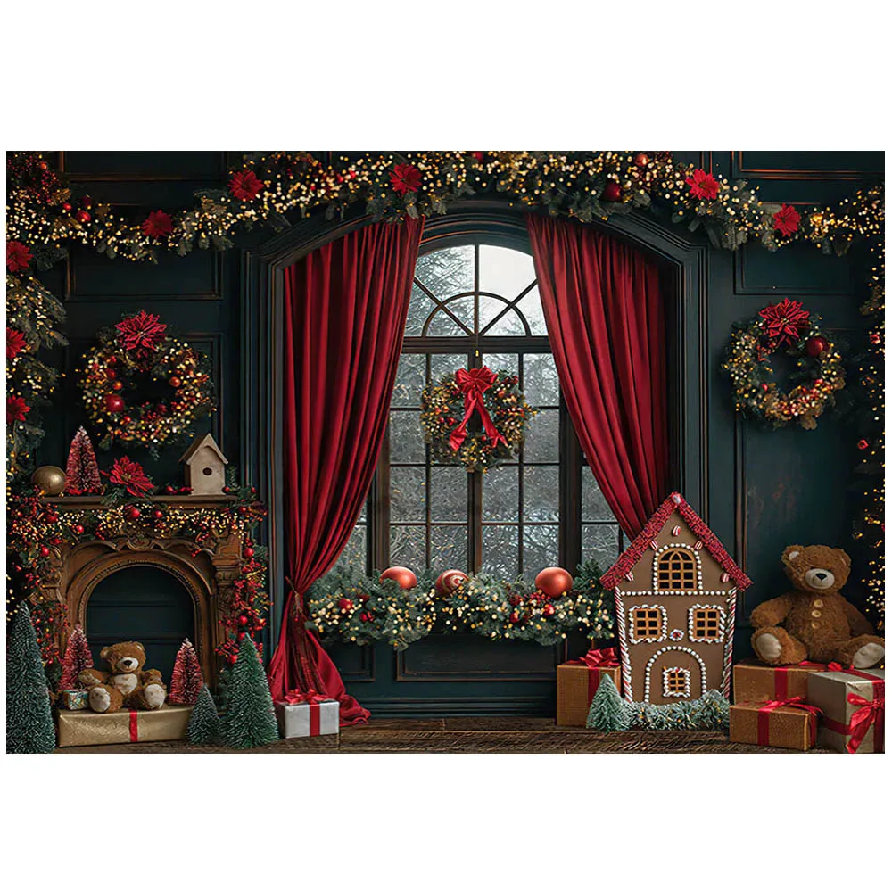 Mocsicka Christmas Photography Background Vintage Wall Window Red Curtain Wreath Family Portrait Backdrop Studio Photocall Props