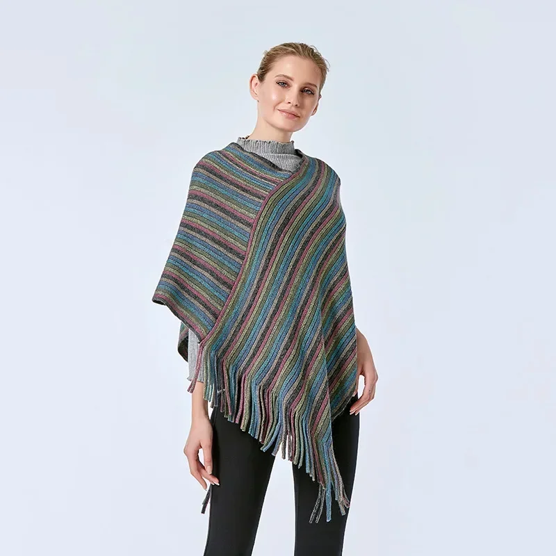 2023 frühling Herbst Frauen Mantel Schal Mantel Farbige Seide Bedrohung Äußere Cape Gestrickte Mantel Farbe Streifen Pullover Khaki