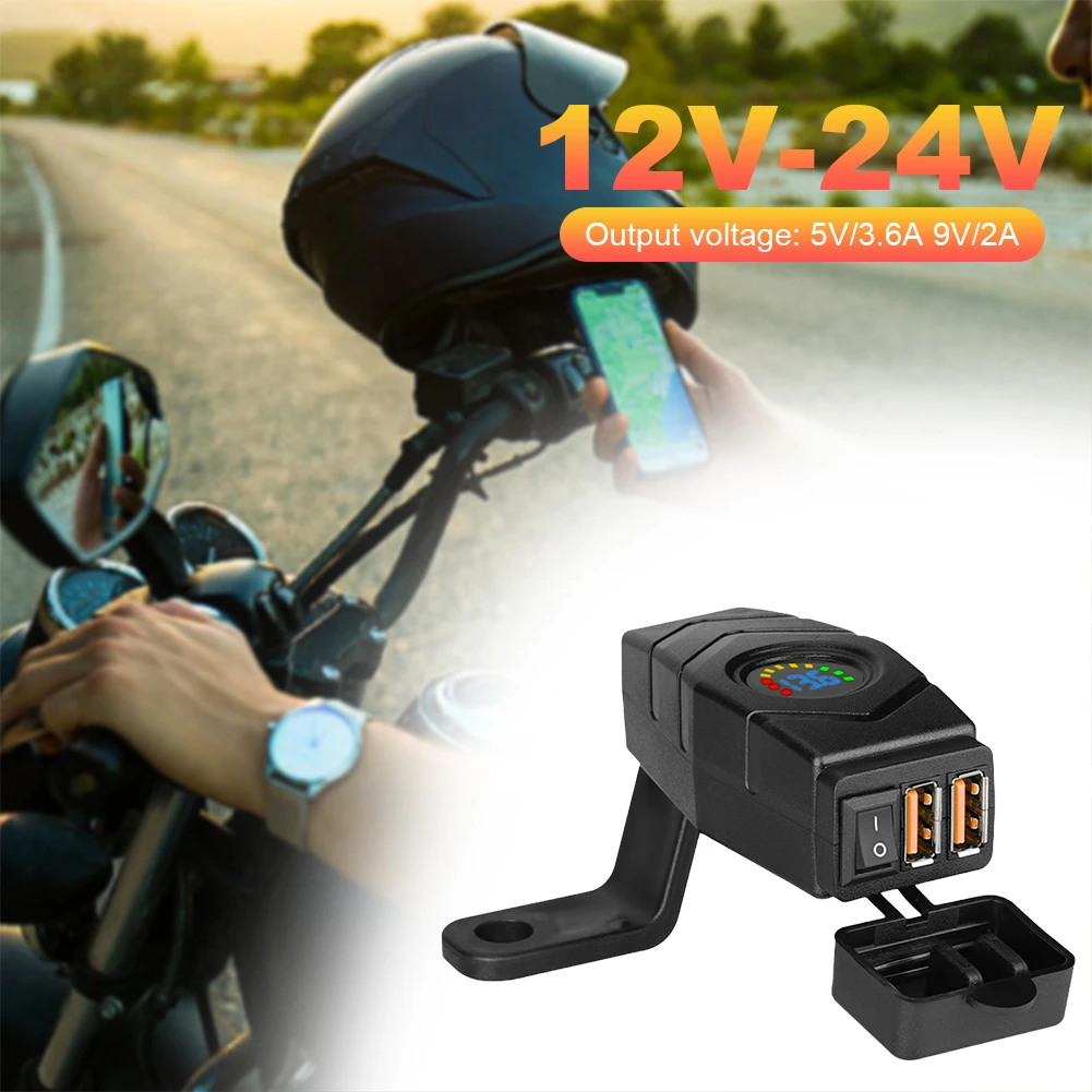 36W Motorcycle Charger Colourful LED Voltmeter Dual USB QC3.0 E-bike Handlebar USB Charger with Switch 12V-24V Motor Accessories