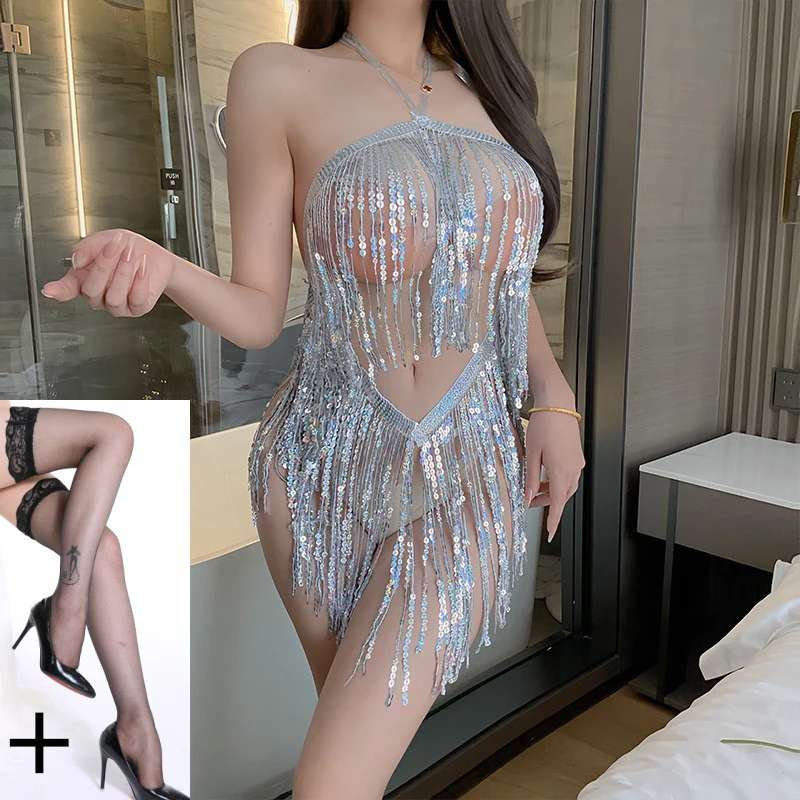 Sexy lingerie seductive passion winter pajamas hot sequins Hanging neck skirt ball dress uniform seductive Sexy underwear