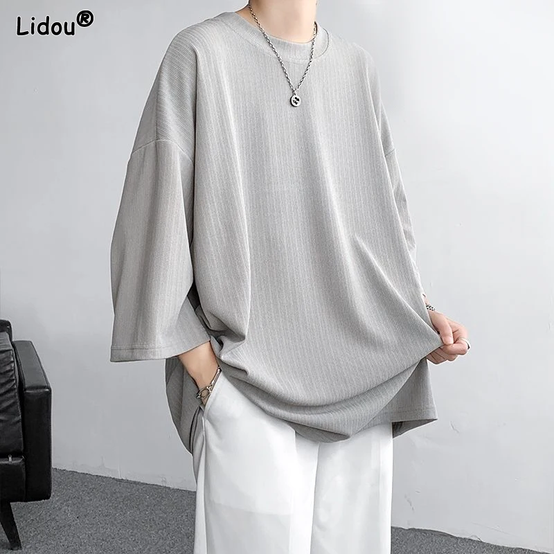 Comfortable Three Quarter Sleeve Round Neck Casual Solid Oversized Pullovers Loose T-Shirts Fashion Summer Thin Men\'s Clothing