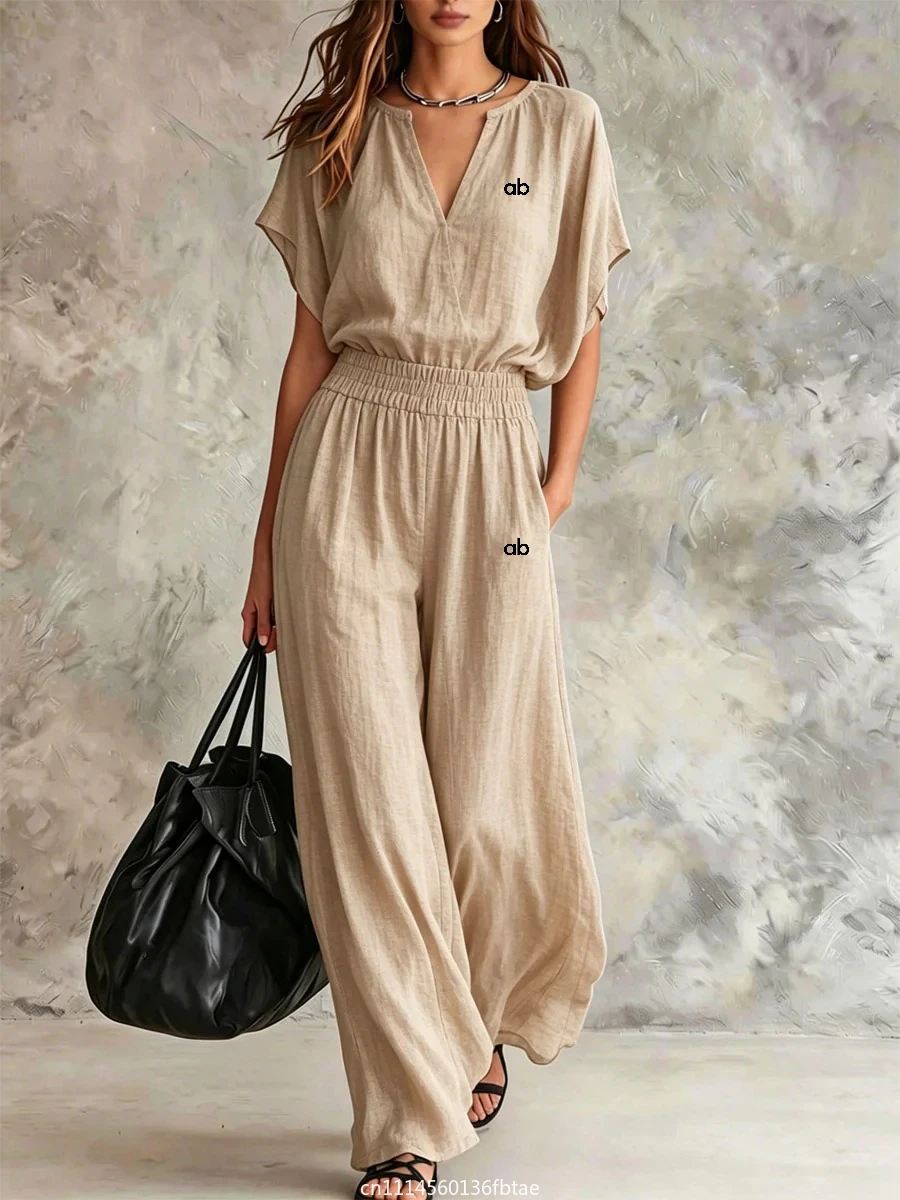 2026 New Women Casual 2 Piece Outfit Summer Loose V Neck Short Sleeve Top Elastic High Waist Wide Leg Pants Set With Pockets