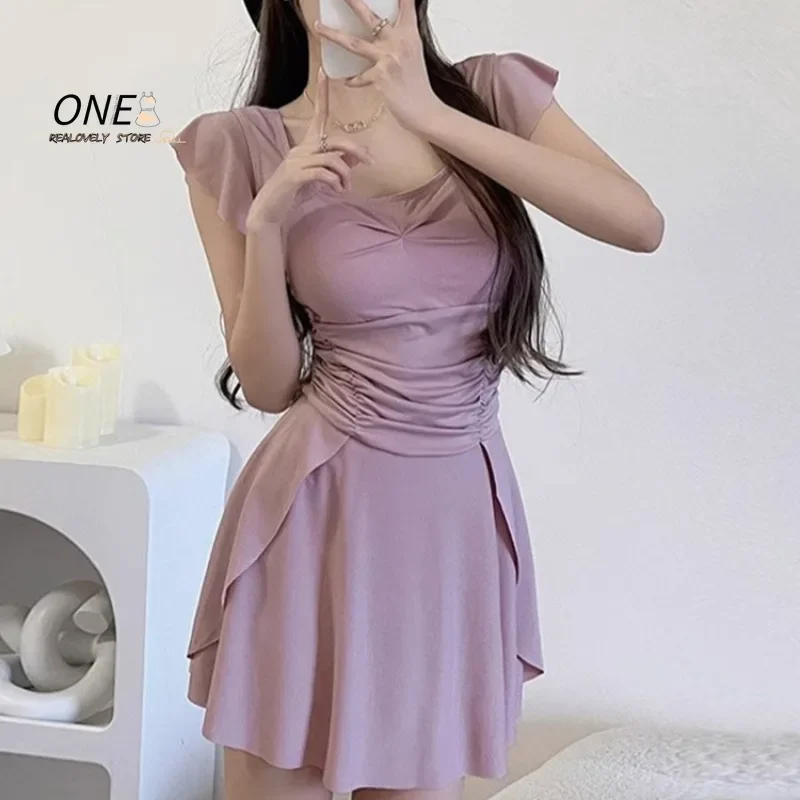 One-Piece Swimsuit Women Korean Conservative Dress Style Slimming High Waisted Swimwear Beach Holiday Bathing Suit