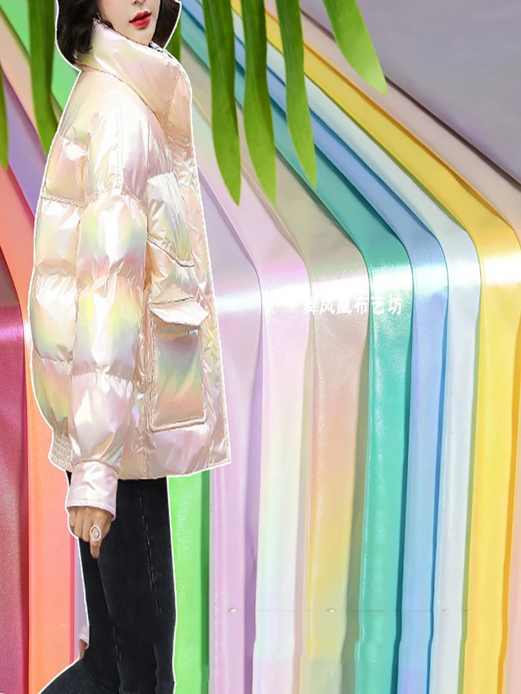 Rainbow Gradient Down Jacket Fabric, Candy Paper Glossy Colorful Nylon Waterproof Bright Leather Jacket Fabric by Half Meter