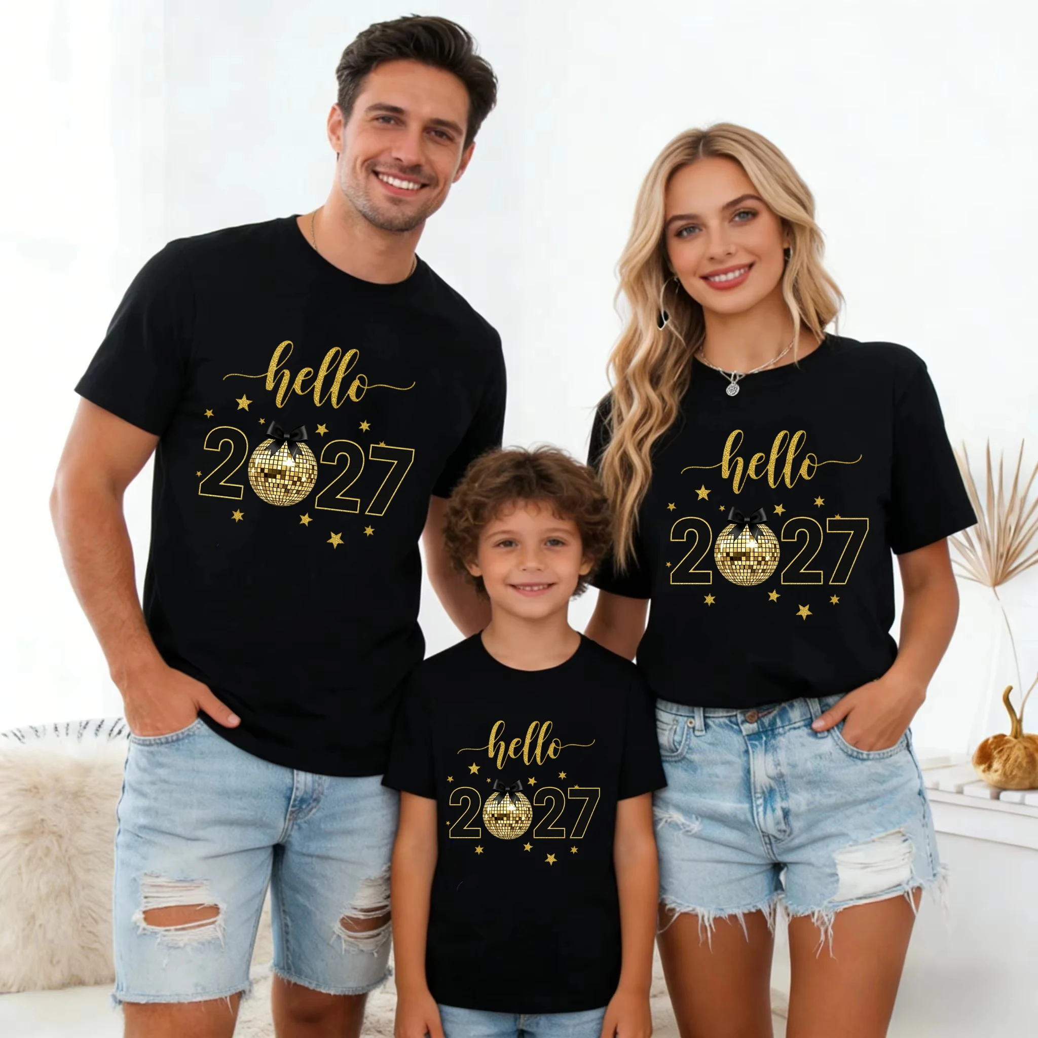 Hello 2027 Stars Planet Family Matching Printed T Shirt New Year'S Gift T-Shirt Dad Mom Son Daughter T-Shirt