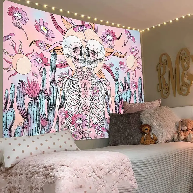 VIKAMA Fluorescent Tree of Life Skull Tapestry, Psychedelic Mushroom Mountain Wall Hanging, Aesthetic Dorm Esports Room Decor