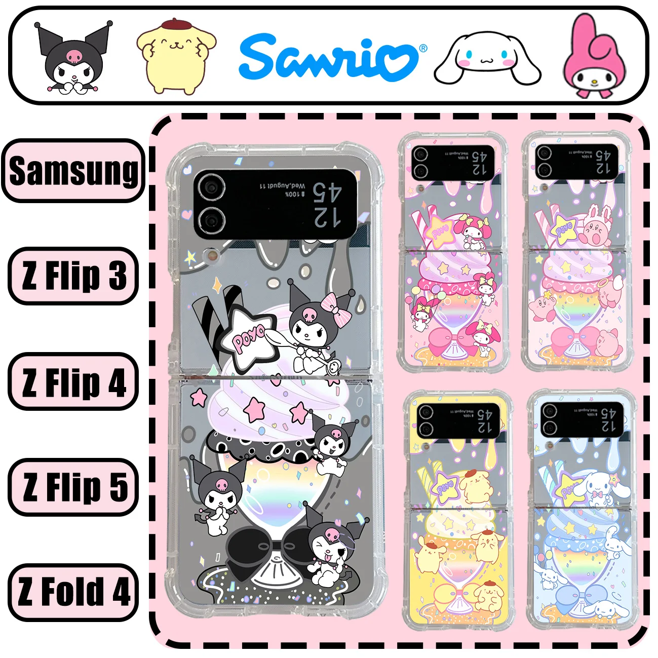 

Sanrio Kuromi Cinnamoroll Melody Phone Case for Samsung Galaxy Z Flip 3 4 Z Flip 5 Z Fold 4 5G PC Soft Anti-fall Back Cover